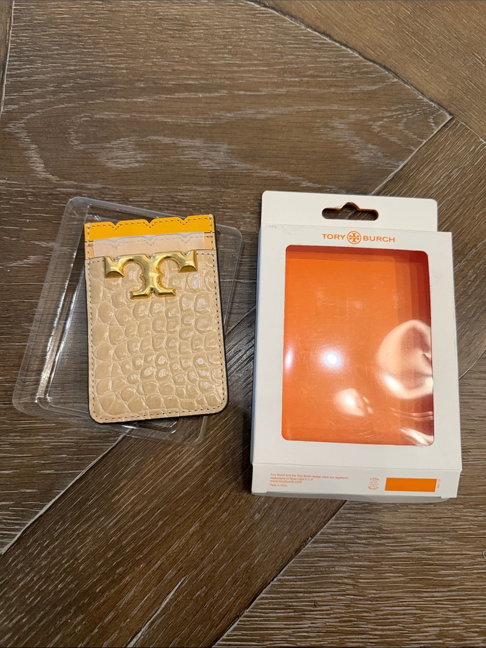Tory Burch Beige Croc-Embossed Card Phone Wallet with Yellow Trim